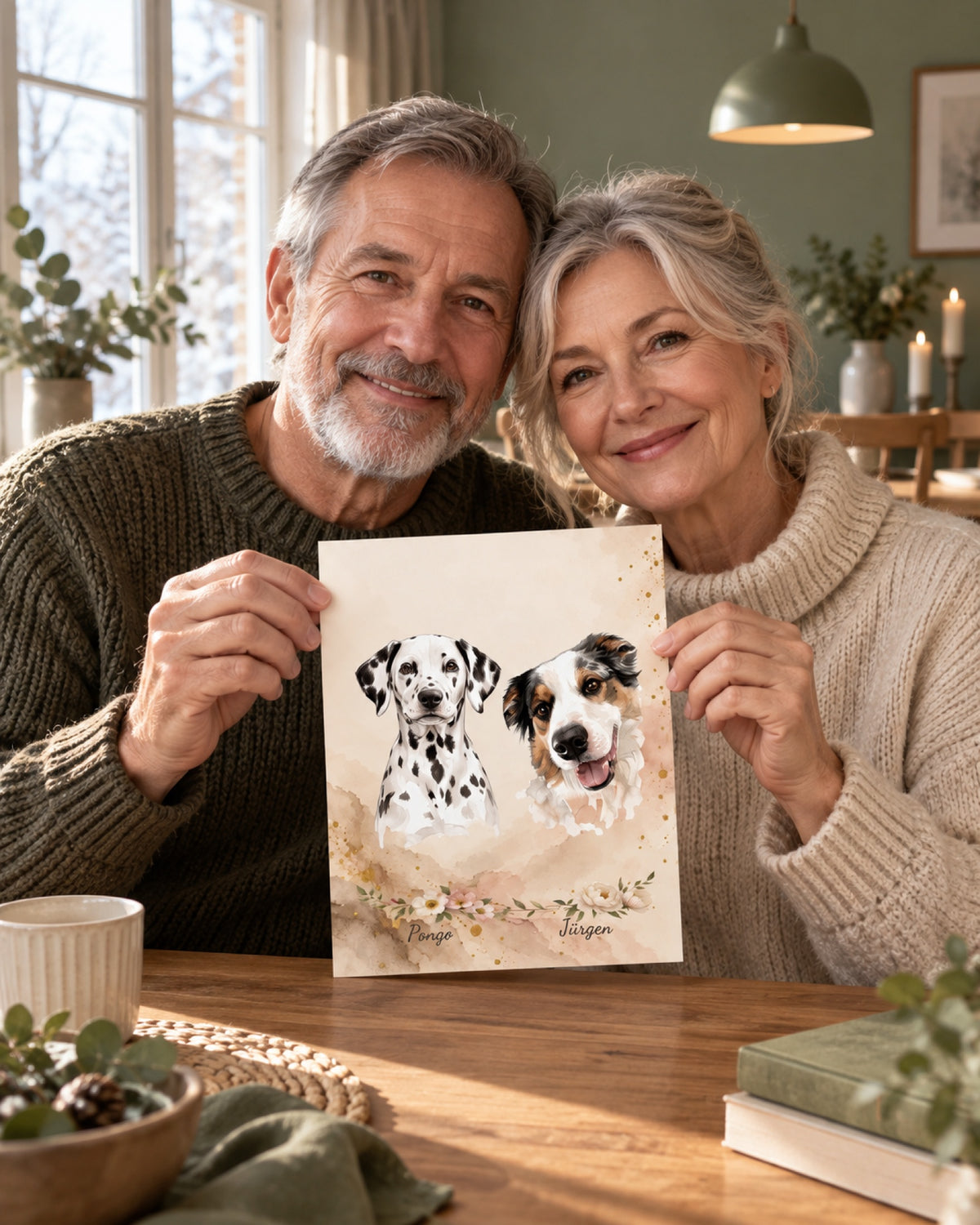 Ungerahmtes Poster mit Dalmatiner Pongo und Australian Shepherd Jürgen in einer Lifestyle-Szene: salbeigrünes Esszimmer, älteres Paar hält das kleine rahmenlose Doppelportrait gemeinsam, Wintermorgen