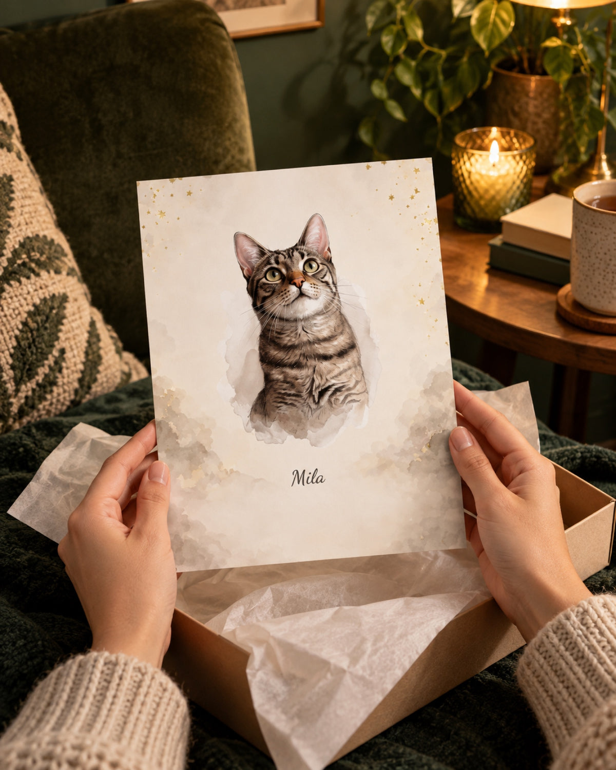 Ungerahmtes Poster mit Tigerkatze Mila in einer Lifestyle-Szene: dunkelgrüne ruhige Leseecke, kleines rahmenloses Katzenposter auf weißem Seidenpapier als behutsames Geschenk