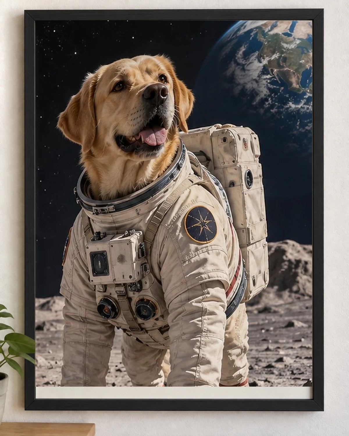 Wunschbild im schwarzen Holzrahmen: Hund als Astronaut auf dem Mond